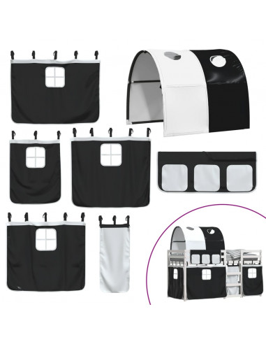 Letto a Castello con Tende Bianco e Nero 75x190cm Massello Pino