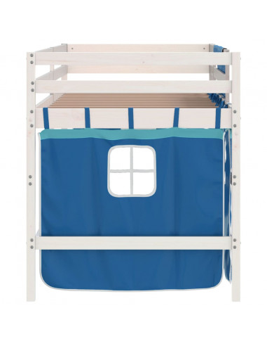 Letto a Soppalco con Tende Bambini Blu 80x200 cm Massello Pino