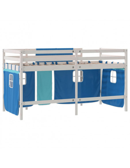 Letto a Soppalco con Tende Bambini Blu 80x200 cm Massello Pino