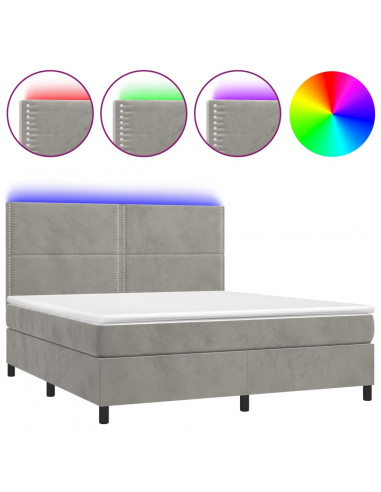 Letto a Molle Materasso e LED Grigio Chiaro 180x200 cm Velluto