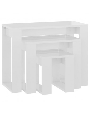 Tavolini Impilabili 3 pz Bianco Lucido in Legno Multistrato