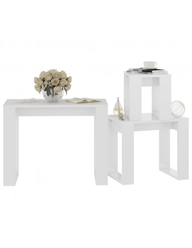 Tavolini Impilabili 3 pz Bianco Lucido in Legno Multistrato