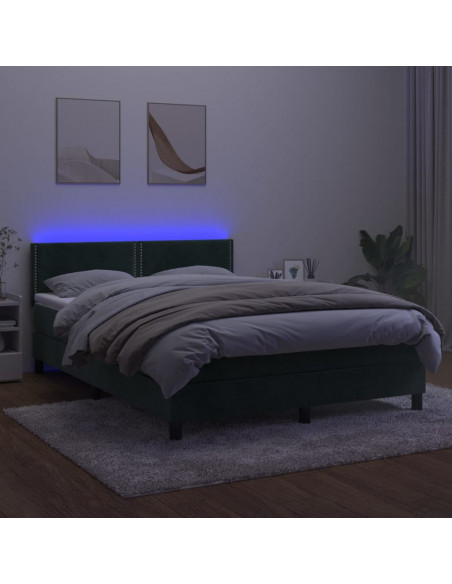 Letto a Molle con Materasso e LED Verde Scuro 140x200cm Velluto
