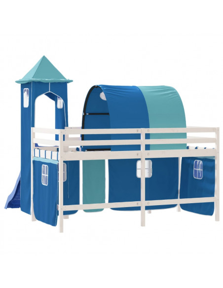 Letto a Soppalco con Torre Bambini Blu 90x190cm Massello Pino