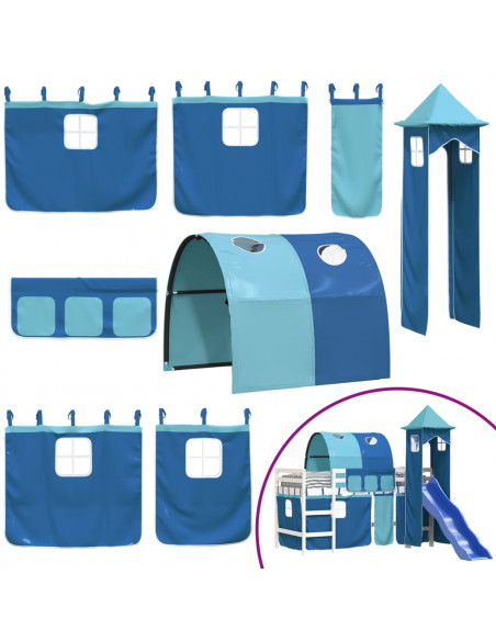 Letto a Soppalco con Torre Bambini Blu 90x190cm Massello Pino