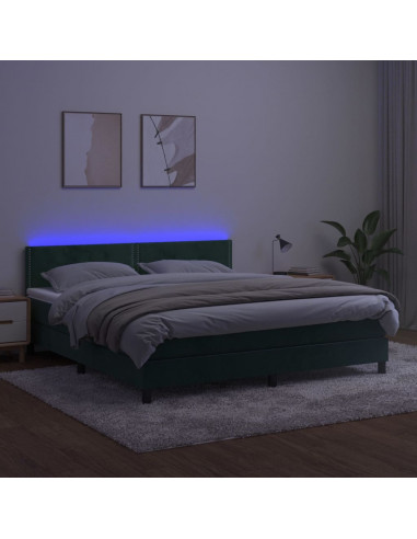 Letto a Molle con Materasso e LED Verde Scuro 160x200cm Velluto