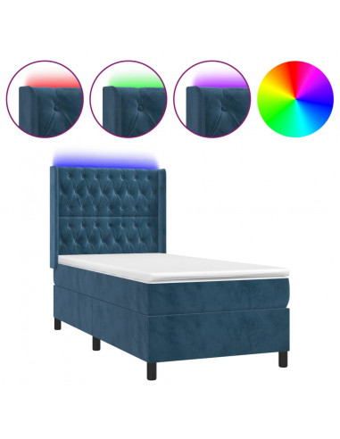 Letto a Molle con Materasso e LED Blu Scuro 90x200cm in Velluto