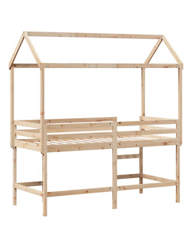 Letto Soppalco con Scala e Tetto 80x200 cm Legno Massello Pino