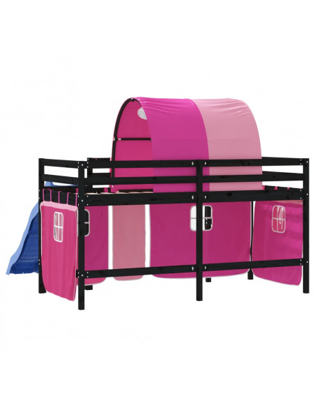 Letto a Soppalco con Tunnel Bambini Rosa 90x190cm Massello Pino