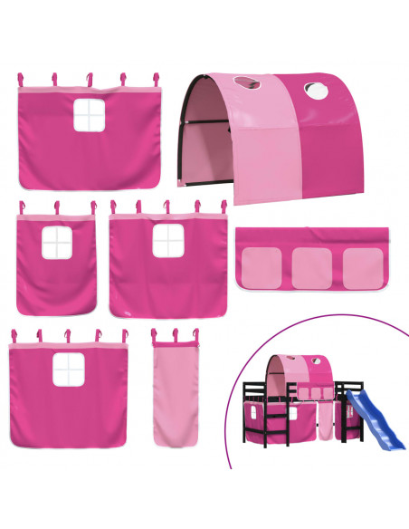 Letto a Soppalco con Tunnel Bambini Rosa 90x190cm Massello Pino