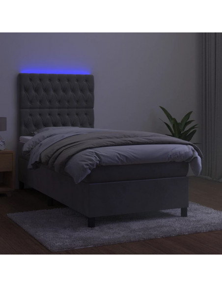 Letto a Molle Materasso e LED Grigio Chiaro 90x190 cm Velluto