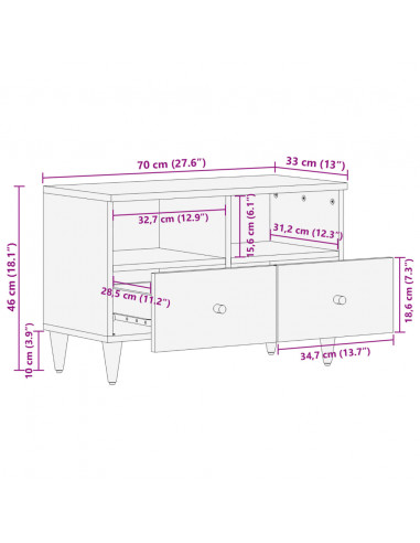 Mobile Porta TV 70x33x46 cm in Legno Massello di Mango