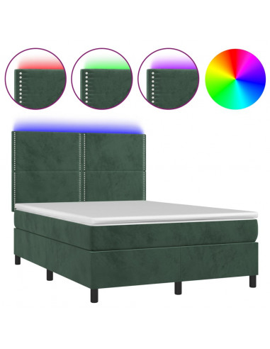 Letto a Molle con Materasso e LED Verde Scuro 140x200cm Velluto