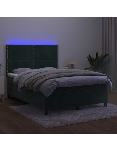Letto a Molle con Materasso e LED Verde Scuro 140x200cm Velluto