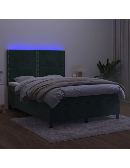 Letto a Molle con Materasso e LED Verde Scuro 140x200cm Velluto