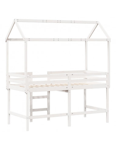 Letto Soppalco con Scala e Tetto Bianco 90x190 cm Massello Pino