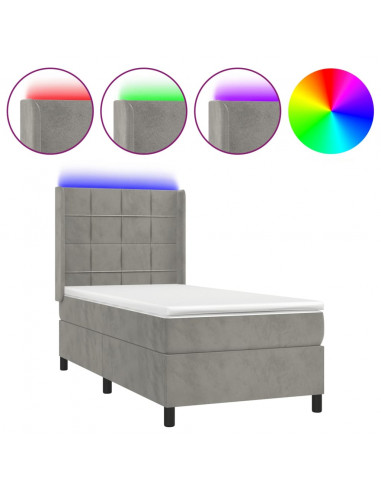 Letto a Molle Materasso e LED Grigio Chiaro 100x200 cm Velluto