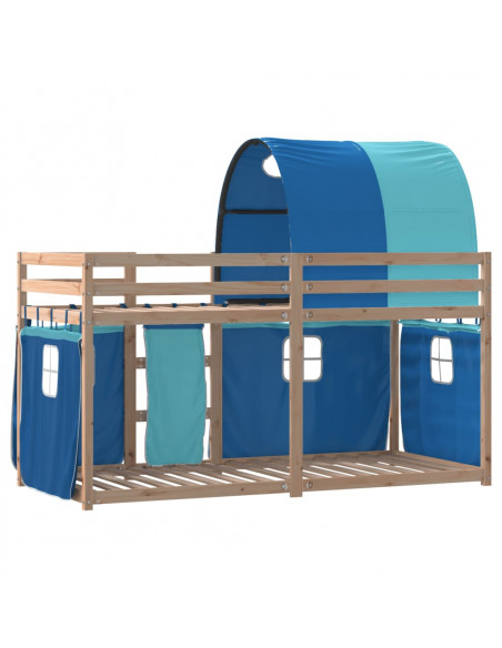 Letto a Castello con Tende Blu 90x190 cm Massello Pino