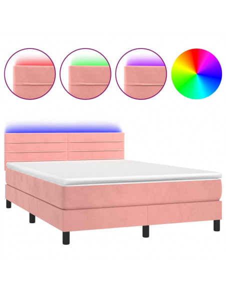 Letto a Molle con Materasso e LED Rosa 140x190 cm in Velluto