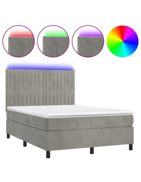 Letto a Molle Materasso e LED Grigio Chiaro 140x190 cm Velluto