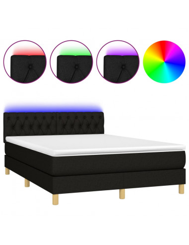 Letto a Molle con Materasso e LED Nero 140x190 cm in Tessuto