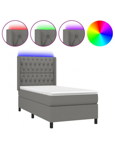 Letto a Molle Materasso e LED Grigio Scuro 90x190 cm in Tessuto