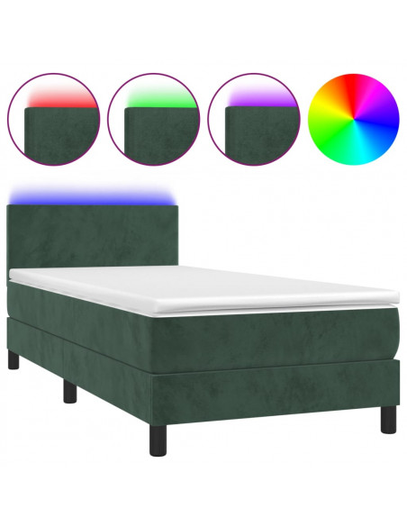 Letto a Molle con Materasso e LED Verde Scuro 100x200cm Velluto