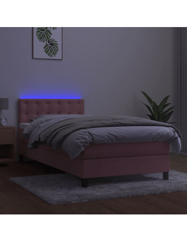 Letto a Molle con Materasso e LED Rosa 90x190 cm in Velluto