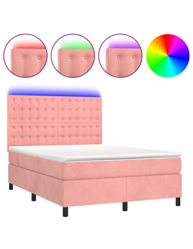 Letto a Molle con Materasso e LED Rosa 140x190 cm in Velluto