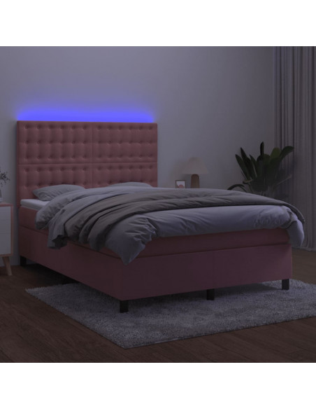 Letto a Molle con Materasso e LED Rosa 140x190 cm in Velluto