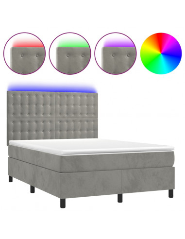 Letto a Molle Materasso e LED Grigio Chiaro 140x200 cm Velluto