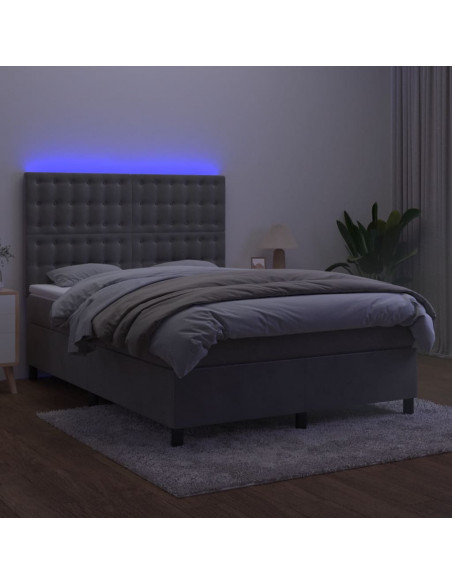 Letto a Molle Materasso e LED Grigio Chiaro 140x200 cm Velluto