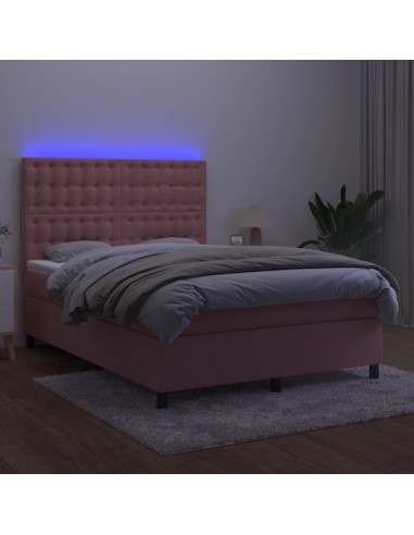 Letto a Molle con Materasso e LED Rosa 140x200 cm in Velluto