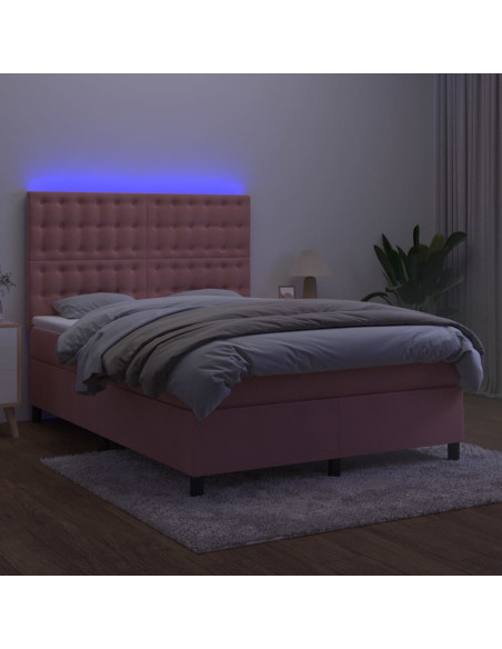 Letto a Molle con Materasso e LED Rosa 140x200 cm in Velluto