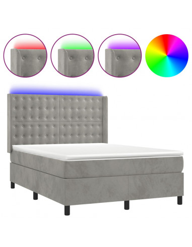 Letto a Molle Materasso e LED Grigio Chiaro 140x190 cm Velluto