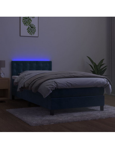 Letto a Molle con Materasso e LED Blu Scuro 90x190cm in Velluto