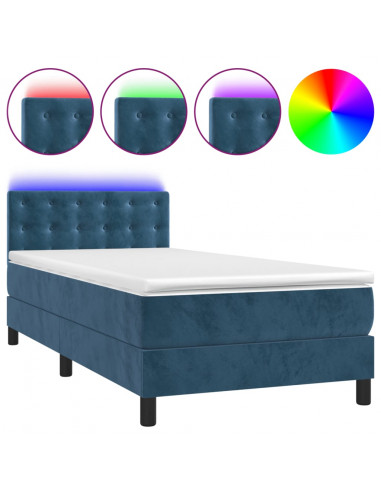 Letto a Molle con Materasso e LED Blu Scuro 90x200cm in Velluto