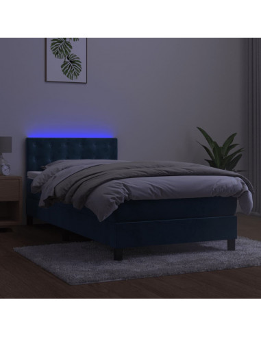 Letto a Molle con Materasso e LED Blu Scuro 90x200cm in Velluto