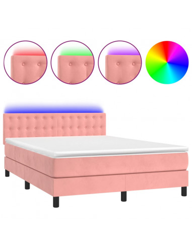Letto a Molle con Materasso e LED Rosa 140x190 cm in Velluto