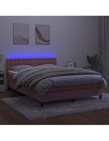 Letto a Molle con Materasso e LED Rosa 140x190 cm in Velluto