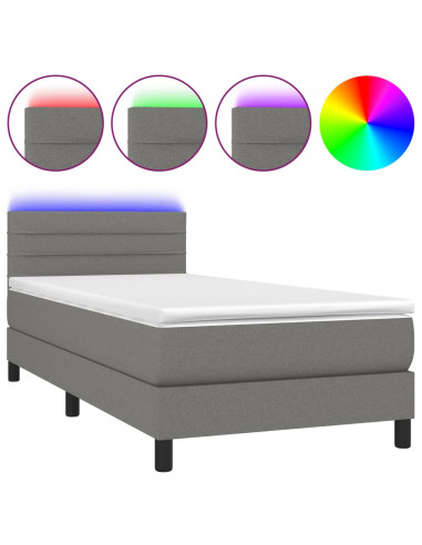 Letto a Molle Materasso e LED Grigio Scuro 100x200cm in Tessuto