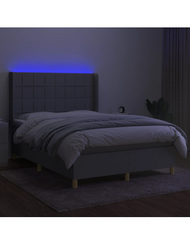 Letto a Molle Materasso e LED Grigio Chiaro 140x190 cm Tessuto