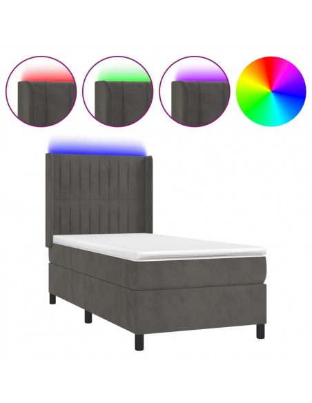 Letto a Molle con Materasso e LED Grigio Scuro 90x200cm Velluto