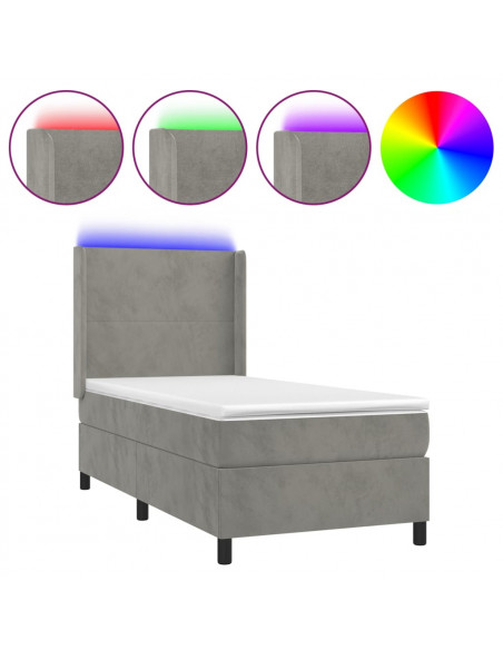 Letto a Molle Materasso e LED Grigio Chiaro 100x200 cm Velluto