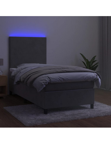 Letto a Molle Materasso e LED Grigio Chiaro 90x200 cm Velluto
