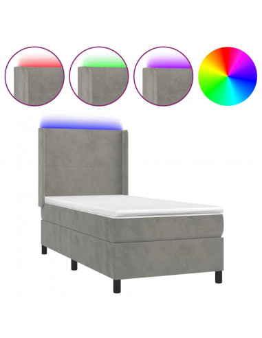 Letto a Molle Materasso e LED Grigio Chiaro 90x200 cm Velluto