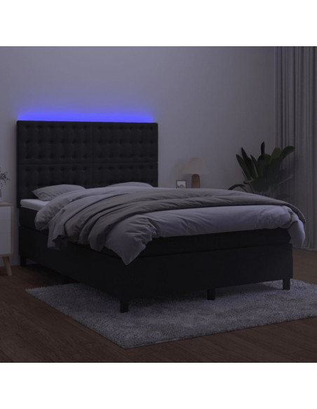 Letto a Molle con Materasso e LED Nero 140x200 cm in Velluto