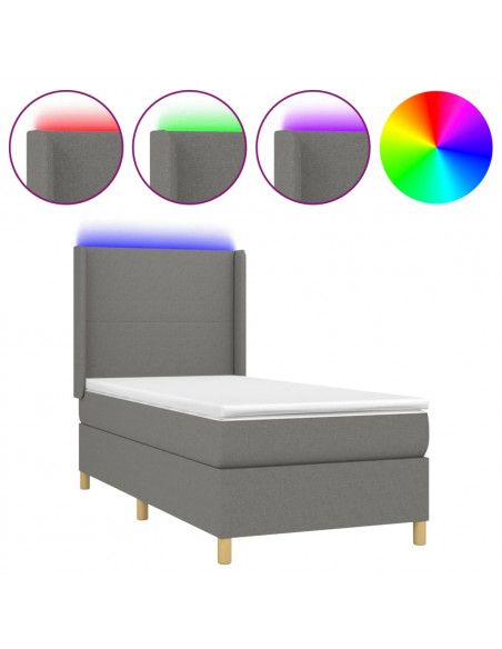 Letto a Molle Materasso e LED Grigio Scuro 90x200 cm in Tessuto