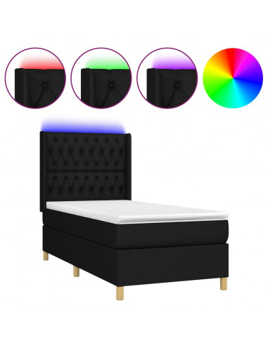 Letto a Molle con Materasso e LED Nero 90x190 cm in Tessuto
