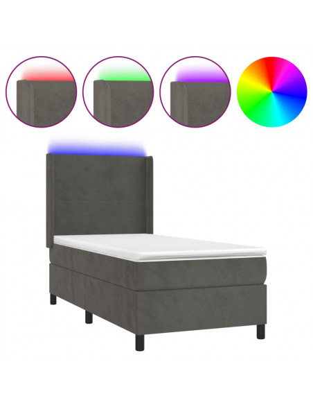 Letto a Molle con Materasso e LED Grigio Scuro 80x200cm Velluto